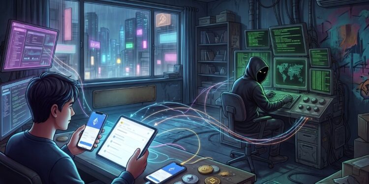 Ilustración digital de un usuario interactuando con dispositivos y flujos de datos, conectados a un hacker encapuchado frente a múltiples monitores.