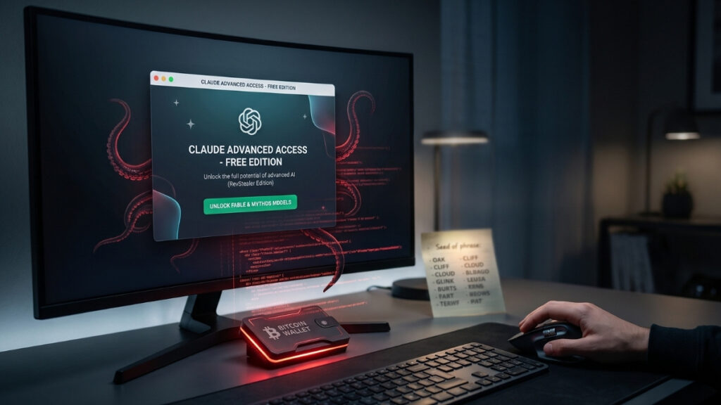Un monitor de computadora muestra una ventana de software falsa de inteligencia artificial de la cual emergen tentáculos digitales. Los tentáculos se extienden sobre un escritorio oscuro hacia una billetera física de Bitcoin y una nota adhesiva con contraseñas escritas a mano, ilustrando el concepto de un ciberataque.