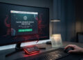 Un monitor de computadora muestra una ventana de software falsa de inteligencia artificial de la cual emergen tentáculos digitales. Los tentáculos se extienden sobre un escritorio oscuro hacia una billetera física de Bitcoin y una nota adhesiva con contraseñas escritas a mano, ilustrando el concepto de un ciberataque.