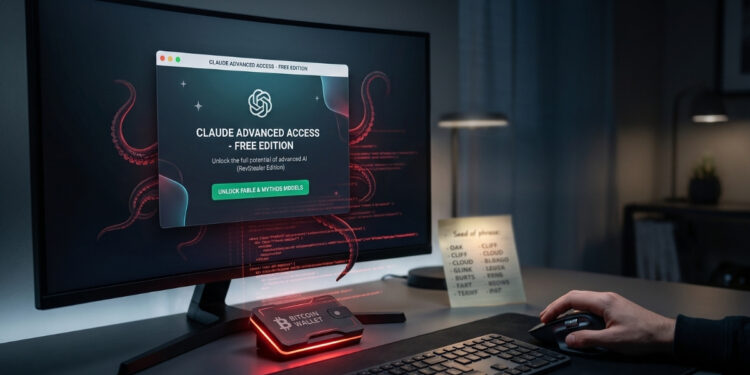Un monitor de computadora muestra una ventana de software falsa de inteligencia artificial de la cual emergen tentáculos digitales. Los tentáculos se extienden sobre un escritorio oscuro hacia una billetera física de Bitcoin y una nota adhesiva con contraseñas escritas a mano, ilustrando el concepto de un ciberataque.
