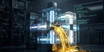 En el corazón de un oscuro centro de datos, una estructura cúbica de bloques transparentes iluminada por una fría luz azulada sufre una fractura profunda en su núcleo, de la cual brota un torrente incontenible de oro líquido que se derrama sobre el suelo pulido. Este derrame metálico, cuyo cálido brillo contrasta bruscamente con la frialdad del entorno digital, simboliza una fuga masiva de capital originada por una vulnerabilidad estructural silenciosa en lugar de un ataque externo explosivo. La escena, enmarcada por armarios de servidores y un monitor desenfocado que muestra líneas de código en penumbra, captura la gravedad de un colapso financiero provocado por un fallo fundamental en el diseño de una infraestructura crítica.