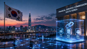 Seúl al atardecer, con la bandera de Corea del Sur en primer plano y el distrito financiero iluminado al fondo. Frente a un edificio de la Comisión de Servicios Financieros, una representación holográfica de una cadena de bloques conecta acciones, bonos y fondos tokenizados.