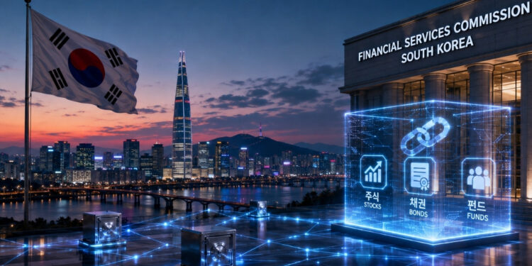 Seúl al atardecer, con la bandera de Corea del Sur en primer plano y el distrito financiero iluminado al fondo. Frente a un edificio de la Comisión de Servicios Financieros, una representación holográfica de una cadena de bloques conecta acciones, bonos y fondos tokenizados.