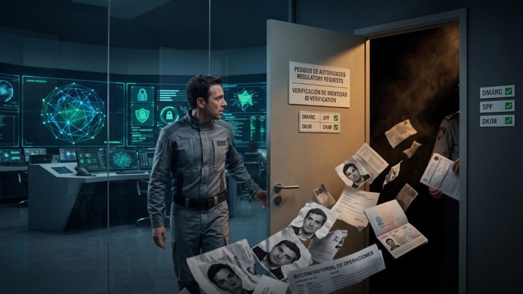 En una sala de control de alta tecnología iluminada por pantallas de seguridad cibernética, un empleado en uniforme gris observa con tensión cómo una figura sombría, vestida con un uniforme oficial, hace volar un torbellino de documentos a través de una puerta semiabierta. Los papeles esparcidos por el aire incluyen pasaportes, fotografías de rostros y registros titulados "Bitcoin Historial de Operaciones", mientras que en la pared junto a la entrada se destaca un letrero de "Pedidos de autoridades" con verificaciones técnicas de correo electrónico aprobadas (DMARC, SPF, DKIM), ilustrando dramáticamente la entrega de datos confidenciales mediante un engaño de ingeniería social.