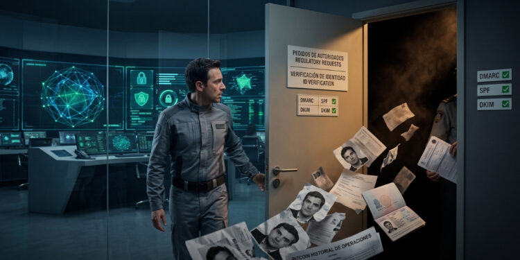 En una sala de control de alta tecnología iluminada por pantallas de seguridad cibernética, un empleado en uniforme gris observa con tensión cómo una figura sombría, vestida con un uniforme oficial, hace volar un torbellino de documentos a través de una puerta semiabierta. Los papeles esparcidos por el aire incluyen pasaportes, fotografías de rostros y registros titulados "Bitcoin Historial de Operaciones", mientras que en la pared junto a la entrada se destaca un letrero de "Pedidos de autoridades" con verificaciones técnicas de correo electrónico aprobadas (DMARC, SPF, DKIM), ilustrando dramáticamente la entrega de datos confidenciales mediante un engaño de ingeniería social.