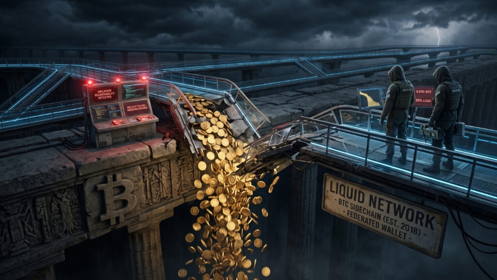 Visualización distópica de una pérdida masiva de Bitcoin (4,000 BTC) en la 'Liquid Network'. Una cascada de monedas de oro se precipita por un abismo desde una plataforma de infraestructura rota. Un panel de control cercano muestra advertencias de "vulnerabilidad de inflación", y dos operadores encapuchados observan la escena sobre una pasarela iluminada con neón.