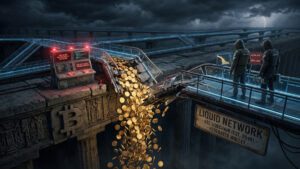 Visualización distópica de una pérdida masiva de Bitcoin (4,000 BTC) en la 'Liquid Network'. Una cascada de monedas de oro se precipita por un abismo desde una plataforma de infraestructura rota. Un panel de control cercano muestra advertencias de "vulnerabilidad de inflación", y dos operadores encapuchados observan la escena sobre una pasarela iluminada con neón.