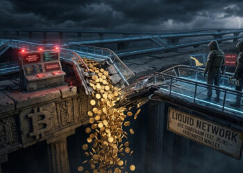 Visualización distópica de una pérdida masiva de Bitcoin (4,000 BTC) en la 'Liquid Network'. Una cascada de monedas de oro se precipita por un abismo desde una plataforma de infraestructura rota. Un panel de control cercano muestra advertencias de "vulnerabilidad de inflación", y dos operadores encapuchados observan la escena sobre una pasarela iluminada con neón.