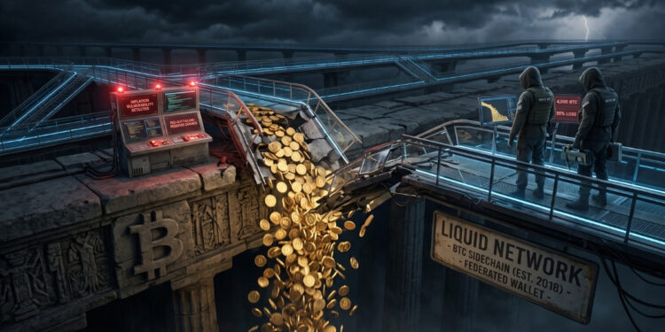 Visualización distópica de una pérdida masiva de Bitcoin (4,000 BTC) en la 'Liquid Network'. Una cascada de monedas de oro se precipita por un abismo desde una plataforma de infraestructura rota. Un panel de control cercano muestra advertencias de "vulnerabilidad de inflación", y dos operadores encapuchados observan la escena sobre una pasarela iluminada con neón.