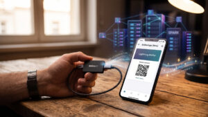 Una toma de escritorio en interiores con luz cálida. Una mano con un reloj de pulsera de metal sostiene un dispositivo BitBox02 conectado por cable USB a un teléfono inteligente de pie. La pantalla del teléfono muestra la BitBoxApp con el encabezado "Lightning Wallet" y un código QR. Elementos conceptuales flotantes como "BIP-85 DERIVATION" y "MASTER SEED" aparecen entre los dispositivos, y "INSTANT PAYMENTS" con relámpagos a la derecha. En el fondo desenfocado, una ventana y servidores holográficos con el texto "SPARK".