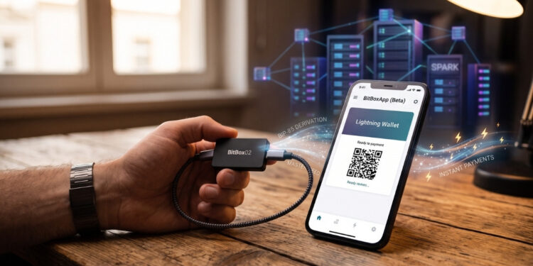Una toma de escritorio en interiores con luz cálida. Una mano con un reloj de pulsera de metal sostiene un dispositivo BitBox02 conectado por cable USB a un teléfono inteligente de pie. La pantalla del teléfono muestra la BitBoxApp con el encabezado "Lightning Wallet" y un código QR. Elementos conceptuales flotantes como "BIP-85 DERIVATION" y "MASTER SEED" aparecen entre los dispositivos, y "INSTANT PAYMENTS" con relámpagos a la derecha. En el fondo desenfocado, una ventana y servidores holográficos con el texto "SPARK".