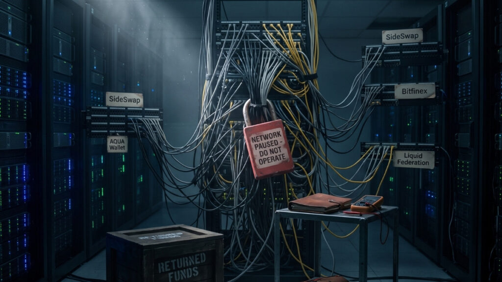 Sala de servidores a oscuras con múltiples cables enredados conectando racks etiquetados como "SideSwap", "AQUA Wallet", "Bitfinex" y "Liquid Federation". En el centro del cableado cuelga un gran candado rojo con el mensaje "NETWORK PAUSED - DO NOT OPERATE". En primer plano izquierdo descansa una caja de madera con la inscripción "RETURNED FUNDS", y a la derecha una pequeña mesa de trabajo metálica con una libreta y un multímetro.