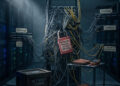 Sala de servidores a oscuras con múltiples cables enredados conectando racks etiquetados como "SideSwap", "AQUA Wallet", "Bitfinex" y "Liquid Federation". En el centro del cableado cuelga un gran candado rojo con el mensaje "NETWORK PAUSED - DO NOT OPERATE". En primer plano izquierdo descansa una caja de madera con la inscripción "RETURNED FUNDS", y a la derecha una pequeña mesa de trabajo metálica con una libreta y un multímetro.