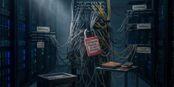 Sala de servidores a oscuras con múltiples cables enredados conectando racks etiquetados como "SideSwap", "AQUA Wallet", "Bitfinex" y "Liquid Federation". En el centro del cableado cuelga un gran candado rojo con el mensaje "NETWORK PAUSED - DO NOT OPERATE". En primer plano izquierdo descansa una caja de madera con la inscripción "RETURNED FUNDS", y a la derecha una pequeña mesa de trabajo metálica con una libreta y un multímetro.
