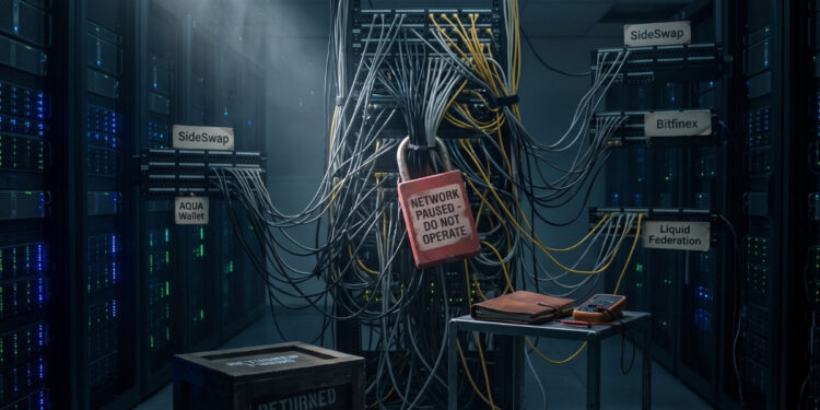 Sala de servidores a oscuras con múltiples cables enredados conectando racks etiquetados como "SideSwap", "AQUA Wallet", "Bitfinex" y "Liquid Federation". En el centro del cableado cuelga un gran candado rojo con el mensaje "NETWORK PAUSED - DO NOT OPERATE". En primer plano izquierdo descansa una caja de madera con la inscripción "RETURNED FUNDS", y a la derecha una pequeña mesa de trabajo metálica con una libreta y un multímetro.