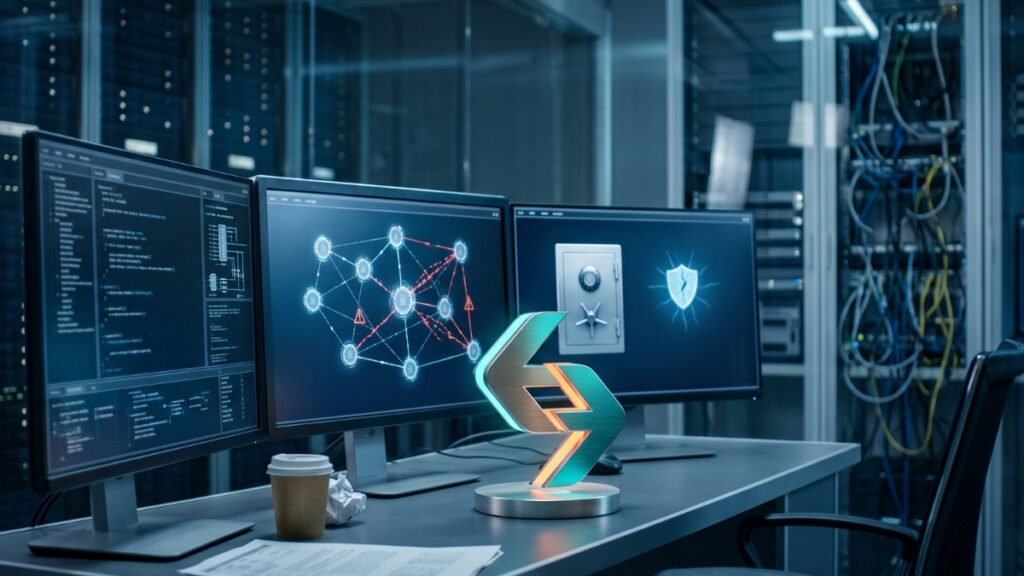 Una estación de trabajo tecnológica en un servidor o centro de monitoreo, donde sobre un escritorio vacío destacan tres monitores con diagramas de red criptográfica, alertas visuales de fallas de seguridad y gráficos de cifrado. En el centro de la mesa se ubica un emblema tridimensional retroiluminado con forma de flechas entrelazadas sobre una base metálica, creando una atmósfera sobria y técnica enfocada en la ciberseguridad.