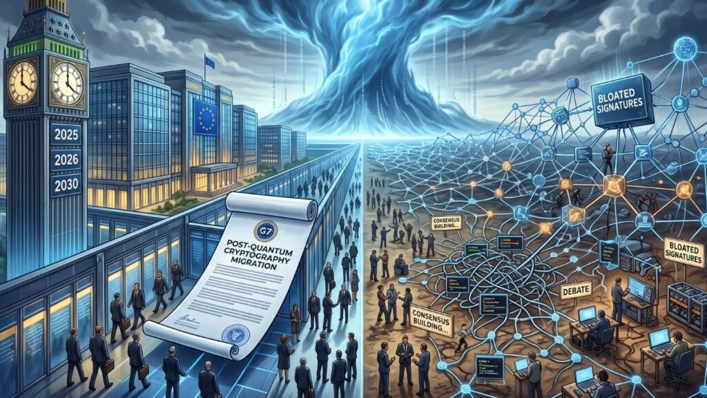 La imagen ilustra el contraste entre dos mundos frente a la inminente amenaza de la computación cuántica (representada por un gigantesco tornado digital en el centro). A la izquierda, el sistema institucional (G7/UE) avanza ordenadamente mediante leyes y plazos estrictos. A la derecha, el ecosistema descentralizado de las blockchains se muestra caótico, evidenciando lo difícil y lento que es lograr un consenso entre miles de usuarios para resolver problemas técnicos urgentes, como el tamaño de las nuevas firmas criptográficas.