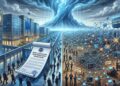 La imagen ilustra el contraste entre dos mundos frente a la inminente amenaza de la computación cuántica (representada por un gigantesco tornado digital en el centro). A la izquierda, el sistema institucional (G7/UE) avanza ordenadamente mediante leyes y plazos estrictos. A la derecha, el ecosistema descentralizado de las blockchains se muestra caótico, evidenciando lo difícil y lento que es lograr un consenso entre miles de usuarios para resolver problemas técnicos urgentes, como el tamaño de las nuevas firmas criptográficas.
