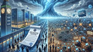 La imagen ilustra el contraste entre dos mundos frente a la inminente amenaza de la computación cuántica (representada por un gigantesco tornado digital en el centro). A la izquierda, el sistema institucional (G7/UE) avanza ordenadamente mediante leyes y plazos estrictos. A la derecha, el ecosistema descentralizado de las blockchains se muestra caótico, evidenciando lo difícil y lento que es lograr un consenso entre miles de usuarios para resolver problemas técnicos urgentes, como el tamaño de las nuevas firmas criptográficas.