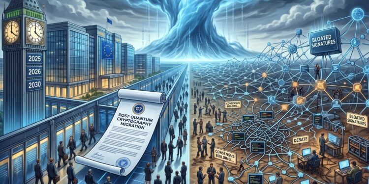 La imagen ilustra el contraste entre dos mundos frente a la inminente amenaza de la computación cuántica (representada por un gigantesco tornado digital en el centro). A la izquierda, el sistema institucional (G7/UE) avanza ordenadamente mediante leyes y plazos estrictos. A la derecha, el ecosistema descentralizado de las blockchains se muestra caótico, evidenciando lo difícil y lento que es lograr un consenso entre miles de usuarios para resolver problemas técnicos urgentes, como el tamaño de las nuevas firmas criptográficas.