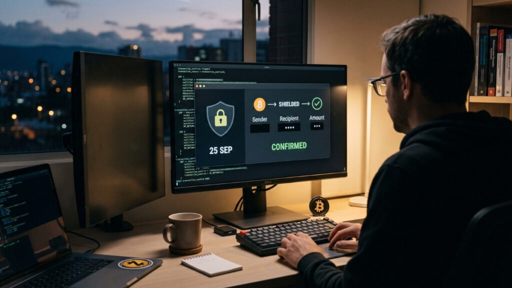 Imagen de estilo fotográfico en formato 16:9 que muestra a un desarrollador de espaldas frente a su escritorio de trabajo durante el atardecer. En la pantalla del monitor se observa una interfaz de código y transacciones con la palabra "CONFIRMED" y un ícono de candado, reflejando el concepto de privacidad en Bitcoin y la naturaleza experimental del avance técnico.