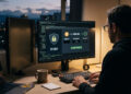 Imagen de estilo fotográfico en formato 16:9 que muestra a un desarrollador de espaldas frente a su escritorio de trabajo durante el atardecer. En la pantalla del monitor se observa una interfaz de código y transacciones con la palabra "CONFIRMED" y un ícono de candado, reflejando el concepto de privacidad en Bitcoin y la naturaleza experimental del avance técnico.