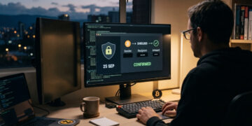 Imagen de estilo fotográfico en formato 16:9 que muestra a un desarrollador de espaldas frente a su escritorio de trabajo durante el atardecer. En la pantalla del monitor se observa una interfaz de código y transacciones con la palabra "CONFIRMED" y un ícono de candado, reflejando el concepto de privacidad en Bitcoin y la naturaleza experimental del avance técnico.