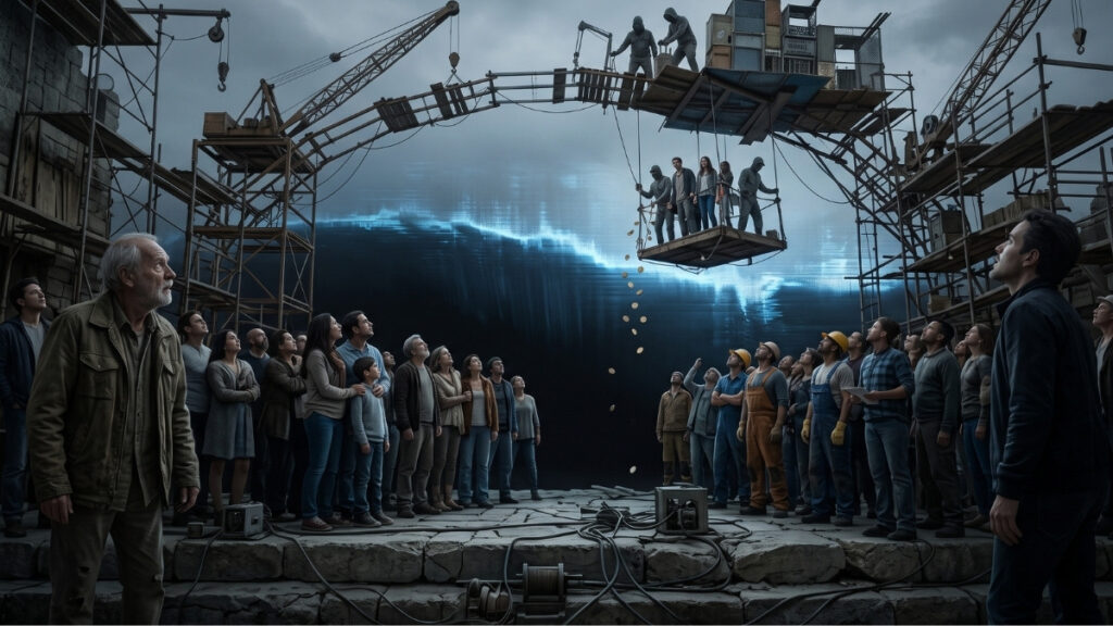 Ilustración dramática y oscura que muestra a una gran multitud de personas reunidas en unas ruinas de piedra, mirando con tensión hacia el cielo. Sobre ellos se alza una estructura precaria e improvisada de andamios de madera y metal a modo de puente. En la parte superior, unos operarios manejan un sistema de poleas que hace descender una pequeña plataforma con un grupo reducido de personas. Mientras la plataforma baja, caen monedas doradas hacia la multitud. De fondo, bajo un cielo plomizo, avanza una inmensa y amenazante ola de luz azul con textura digital, simbolizando un peligro tecnológico inminente. La escena transmite una atmósfera de rescate desesperado, desigualdad e incertidumbre ante un desastre inevitable.