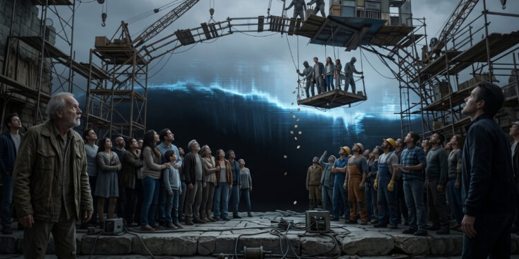 Ilustración dramática y oscura que muestra a una gran multitud de personas reunidas en unas ruinas de piedra, mirando con tensión hacia el cielo. Sobre ellos se alza una estructura precaria e improvisada de andamios de madera y metal a modo de puente. En la parte superior, unos operarios manejan un sistema de poleas que hace descender una pequeña plataforma con un grupo reducido de personas. Mientras la plataforma baja, caen monedas doradas hacia la multitud. De fondo, bajo un cielo plomizo, avanza una inmensa y amenazante ola de luz azul con textura digital, simbolizando un peligro tecnológico inminente. La escena transmite una atmósfera de rescate desesperado, desigualdad e incertidumbre ante un desastre inevitable.