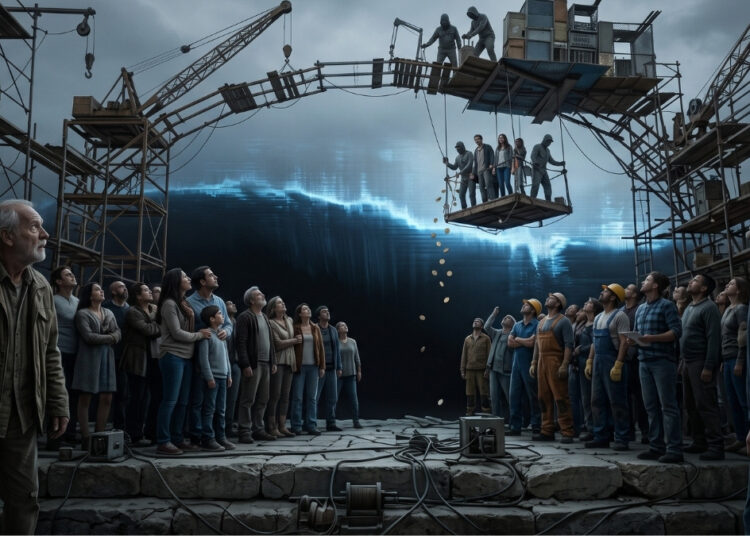 Ilustración dramática y oscura que muestra a una gran multitud de personas reunidas en unas ruinas de piedra, mirando con tensión hacia el cielo. Sobre ellos se alza una estructura precaria e improvisada de andamios de madera y metal a modo de puente. En la parte superior, unos operarios manejan un sistema de poleas que hace descender una pequeña plataforma con un grupo reducido de personas. Mientras la plataforma baja, caen monedas doradas hacia la multitud. De fondo, bajo un cielo plomizo, avanza una inmensa y amenazante ola de luz azul con textura digital, simbolizando un peligro tecnológico inminente. La escena transmite una atmósfera de rescate desesperado, desigualdad e incertidumbre ante un desastre inevitable.