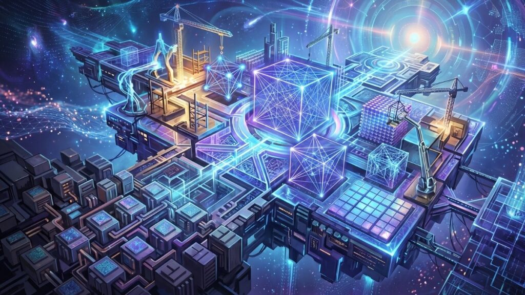 Una ilustración digital futurista que representa una colosal infraestructura tecnológica flotando en un vasto espacio cósmico, iluminada por vibrantes líneas y circuitos de neón azul y púrpura. En el corazón de la plataforma destaca un enorme cubo holográfico radiante, interconectado a una compleja red geométrica de módulos de procesamiento y bloques de datos translúcidos. Alrededor de esta intrincada arquitectura descentralizada, varias grúas de construcción operan activamente, ensamblando, levantando y modificando las piezas del sistema en tiempo real. La composición visual transmite perfectamente el concepto de una gigantesca «computadora mundial» en un estado de continua evolución estructural, combinando el poder de la tecnología abstracta con la idea de una edificación ininterrumpida.