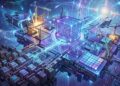 Una ilustración digital futurista que representa una colosal infraestructura tecnológica flotando en un vasto espacio cósmico, iluminada por vibrantes líneas y circuitos de neón azul y púrpura. En el corazón de la plataforma destaca un enorme cubo holográfico radiante, interconectado a una compleja red geométrica de módulos de procesamiento y bloques de datos translúcidos. Alrededor de esta intrincada arquitectura descentralizada, varias grúas de construcción operan activamente, ensamblando, levantando y modificando las piezas del sistema en tiempo real. La composición visual transmite perfectamente el concepto de una gigantesca «computadora mundial» en un estado de continua evolución estructural, combinando el poder de la tecnología abstracta con la idea de una edificación ininterrumpida.