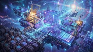 Una ilustración digital futurista que representa una colosal infraestructura tecnológica flotando en un vasto espacio cósmico, iluminada por vibrantes líneas y circuitos de neón azul y púrpura. En el corazón de la plataforma destaca un enorme cubo holográfico radiante, interconectado a una compleja red geométrica de módulos de procesamiento y bloques de datos translúcidos. Alrededor de esta intrincada arquitectura descentralizada, varias grúas de construcción operan activamente, ensamblando, levantando y modificando las piezas del sistema en tiempo real. La composición visual transmite perfectamente el concepto de una gigantesca «computadora mundial» en un estado de continua evolución estructural, combinando el poder de la tecnología abstracta con la idea de una edificación ininterrumpida.