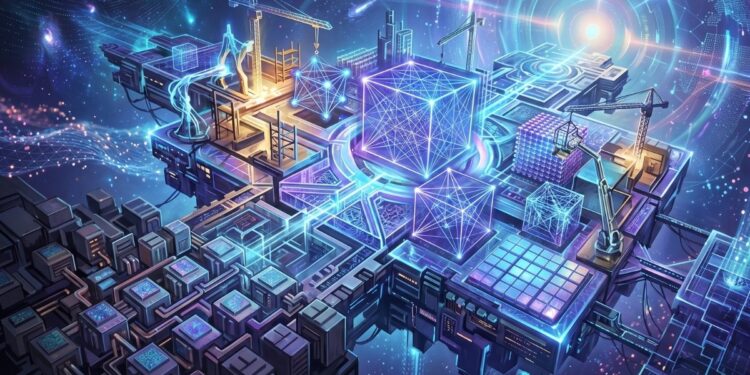 Una ilustración digital futurista que representa una colosal infraestructura tecnológica flotando en un vasto espacio cósmico, iluminada por vibrantes líneas y circuitos de neón azul y púrpura. En el corazón de la plataforma destaca un enorme cubo holográfico radiante, interconectado a una compleja red geométrica de módulos de procesamiento y bloques de datos translúcidos. Alrededor de esta intrincada arquitectura descentralizada, varias grúas de construcción operan activamente, ensamblando, levantando y modificando las piezas del sistema en tiempo real. La composición visual transmite perfectamente el concepto de una gigantesca «computadora mundial» en un estado de continua evolución estructural, combinando el poder de la tecnología abstracta con la idea de una edificación ininterrumpida.