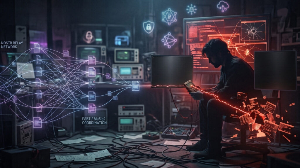 Ilustración digital de estilo ciberseguridad en formato 16:9 con una atmósfera oscura y tecnológica. En el centro derecho, un hombre sentado en un cuarto lleno de cables y pantallas observa su teléfono móvil, del cual emana una línea de luz roja y fragmentos brillantes, simbolizando la vulnerabilidad y el punto de fallo en el dispositivo local. A la izquierda, una intrincada red de líneas luminosas azules y púrpuras conecta íconos de documentos y nodos de servidores flotantes, acompañados de los textos 'NOSTR RELAY NETWORK' y 'PSBT / MuSig2 COORDINATION', representando la coordinación descentralizada. En el fondo, varias pantallas muestran diagramas y código, reforzando el ambiente de tensión y análisis informático.