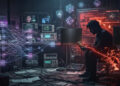 Ilustración digital de estilo ciberseguridad en formato 16:9 con una atmósfera oscura y tecnológica. En el centro derecho, un hombre sentado en un cuarto lleno de cables y pantallas observa su teléfono móvil, del cual emana una línea de luz roja y fragmentos brillantes, simbolizando la vulnerabilidad y el punto de fallo en el dispositivo local. A la izquierda, una intrincada red de líneas luminosas azules y púrpuras conecta íconos de documentos y nodos de servidores flotantes, acompañados de los textos 'NOSTR RELAY NETWORK' y 'PSBT / MuSig2 COORDINATION', representando la coordinación descentralizada. En el fondo, varias pantallas muestran diagramas y código, reforzando el ambiente de tensión y análisis informático.