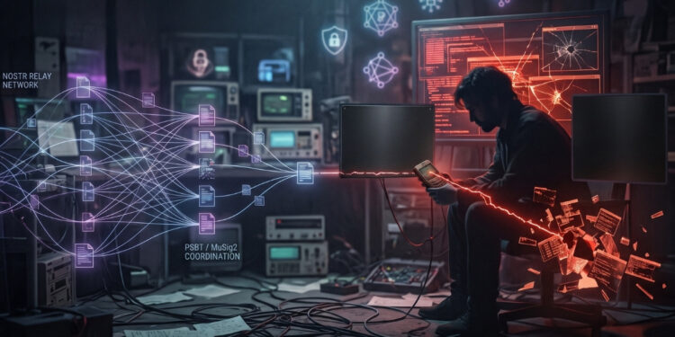 Ilustración digital de estilo ciberseguridad en formato 16:9 con una atmósfera oscura y tecnológica. En el centro derecho, un hombre sentado en un cuarto lleno de cables y pantallas observa su teléfono móvil, del cual emana una línea de luz roja y fragmentos brillantes, simbolizando la vulnerabilidad y el punto de fallo en el dispositivo local. A la izquierda, una intrincada red de líneas luminosas azules y púrpuras conecta íconos de documentos y nodos de servidores flotantes, acompañados de los textos 'NOSTR RELAY NETWORK' y 'PSBT / MuSig2 COORDINATION', representando la coordinación descentralizada. En el fondo, varias pantallas muestran diagramas y código, reforzando el ambiente de tensión y análisis informático.