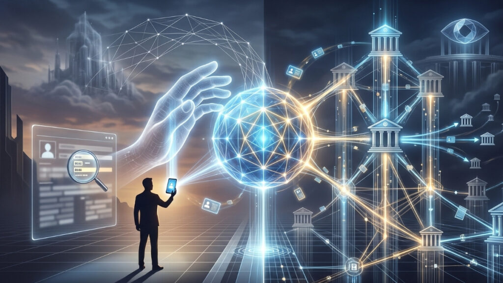 La imagen es una ilustración digital futurista dividida en dos mitades que contrasta visualmente dos ecosistemas tecnológicos. En el lado izquierdo, la silueta de una persona sostiene un dispositivo móvil del que emana una esfera de luz central, interactuando con una mano holográfica gigante que simboliza el manejo individual y directo de la información. En el lado derecho, el diseño cambia hacia una compleja red de nodos e hilos luminosos que conectan múltiples edificios de estilo clásico, representando un sistema de instituciones financieras e infraestructura compartida. Todo el conjunto utiliza tonos azules cibernéticos y dorados brillantes para crear una atmósfera abstracta y tecnológica, sin incluir ningún tipo de texto o palabra escrita.