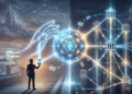 La imagen es una ilustración digital futurista dividida en dos mitades que contrasta visualmente dos ecosistemas tecnológicos. En el lado izquierdo, la silueta de una persona sostiene un dispositivo móvil del que emana una esfera de luz central, interactuando con una mano holográfica gigante que simboliza el manejo individual y directo de la información. En el lado derecho, el diseño cambia hacia una compleja red de nodos e hilos luminosos que conectan múltiples edificios de estilo clásico, representando un sistema de instituciones financieras e infraestructura compartida. Todo el conjunto utiliza tonos azules cibernéticos y dorados brillantes para crear una atmósfera abstracta y tecnológica, sin incluir ningún tipo de texto o palabra escrita.