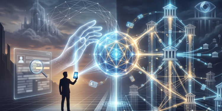 La imagen es una ilustración digital futurista dividida en dos mitades que contrasta visualmente dos ecosistemas tecnológicos. En el lado izquierdo, la silueta de una persona sostiene un dispositivo móvil del que emana una esfera de luz central, interactuando con una mano holográfica gigante que simboliza el manejo individual y directo de la información. En el lado derecho, el diseño cambia hacia una compleja red de nodos e hilos luminosos que conectan múltiples edificios de estilo clásico, representando un sistema de instituciones financieras e infraestructura compartida. Todo el conjunto utiliza tonos azules cibernéticos y dorados brillantes para crear una atmósfera abstracta y tecnológica, sin incluir ningún tipo de texto o palabra escrita.