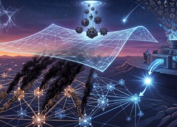 En la imagen, puedes ver una red de nodos que simboliza el protocolo base, con nubes de humo que representan los altos costos de gas de la criptografía actual. Sobre esta red, flota una capa de red azul transparente y flexible, que visualiza la propuesta de una "capa de verificación universal agnóstica". A la derecha, una estructura industrial con operadores representa la centralización en la mempool y los constructores, donde una máquina procesa diversos símbolos criptográficos y emite una única prueba de luz compacta hacia la red principal.