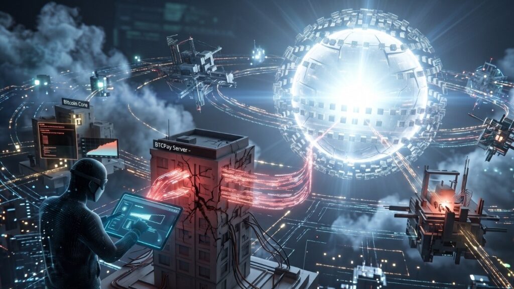 La imagen captura una vibrante y compleja red digital futurista que se asemeja a una ciudad de datos tridimensional. En el primer plano, una figura humana con un traje tecnológico de espaldas opera una tableta brillante, auditando interfaces de red y gráficos de datos. Su atención se centra en un edificio de red central, claramente etiquetado como 'BTCPay Server', el cual muestra una gran grieta visible de la que emergen densos flujos de datos de color rojo, sugiriendo un monitoreo de vulnerabilidades o una transferencia de datos crítica. Cerca de este punto focal, otro edificio lleva la etiqueta 'Bitcoin Core', y más lejos, una estructura orbital compleja se identifica como 'Core Lightning node', estableciendo un contexto tecnológico de criptomonedas. En el fondo, un inmenso y radiante núcleo esférico de datos actúa como el sol de este sistema, rodeado por un intrincado complexo de estructuras flotantes, cables de datos y miles de puntos de luz que se extienden a través de una atmósfera de red brumosa, transmitiendo una sensación de control técnico avanzado y gestión de red descentralizada a gran escala.