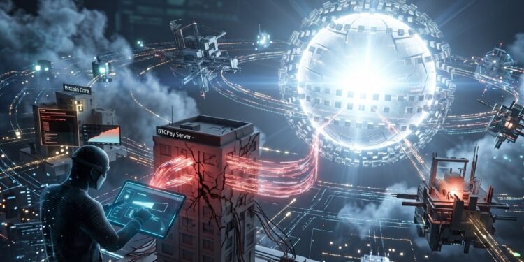 La imagen captura una vibrante y compleja red digital futurista que se asemeja a una ciudad de datos tridimensional. En el primer plano, una figura humana con un traje tecnológico de espaldas opera una tableta brillante, auditando interfaces de red y gráficos de datos. Su atención se centra en un edificio de red central, claramente etiquetado como 'BTCPay Server', el cual muestra una gran grieta visible de la que emergen densos flujos de datos de color rojo, sugiriendo un monitoreo de vulnerabilidades o una transferencia de datos crítica. Cerca de este punto focal, otro edificio lleva la etiqueta 'Bitcoin Core', y más lejos, una estructura orbital compleja se identifica como 'Core Lightning node', estableciendo un contexto tecnológico de criptomonedas. En el fondo, un inmenso y radiante núcleo esférico de datos actúa como el sol de este sistema, rodeado por un intrincado complexo de estructuras flotantes, cables de datos y miles de puntos de luz que se extienden a través de una atmósfera de red brumosa, transmitiendo una sensación de control técnico avanzado y gestión de red descentralizada a gran escala.