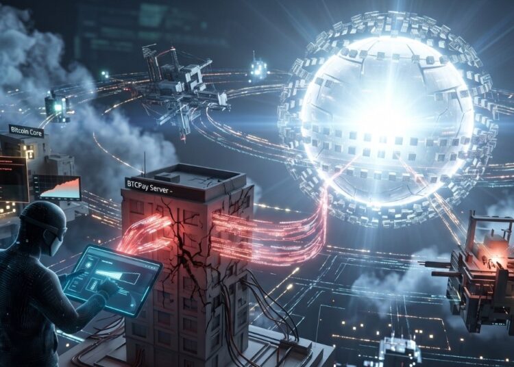 La imagen captura una vibrante y compleja red digital futurista que se asemeja a una ciudad de datos tridimensional. En el primer plano, una figura humana con un traje tecnológico de espaldas opera una tableta brillante, auditando interfaces de red y gráficos de datos. Su atención se centra en un edificio de red central, claramente etiquetado como 'BTCPay Server', el cual muestra una gran grieta visible de la que emergen densos flujos de datos de color rojo, sugiriendo un monitoreo de vulnerabilidades o una transferencia de datos crítica. Cerca de este punto focal, otro edificio lleva la etiqueta 'Bitcoin Core', y más lejos, una estructura orbital compleja se identifica como 'Core Lightning node', estableciendo un contexto tecnológico de criptomonedas. En el fondo, un inmenso y radiante núcleo esférico de datos actúa como el sol de este sistema, rodeado por un intrincado complexo de estructuras flotantes, cables de datos y miles de puntos de luz que se extienden a través de una atmósfera de red brumosa, transmitiendo una sensación de control técnico avanzado y gestión de red descentralizada a gran escala.