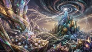 La imagen muestra un paisaje surrealista y futurista compuesto por formaciones cristalinas e iridiscentes. En primer plano, un complejo nodo geométrico y brillante proyecta finos hilos de luz dorada que fluyen como torrentes de energía hacia una imponente ciudadela de cristal en el horizonte. Sobre esta fortaleza abstracta se arremolina un gigantesco vórtice cósmico que domina el cielo oscuro, creando una atmósfera de ciencia ficción que evoca visualmente una red de datos altamente interconectada enfrentándose a una fuerza colosal y transformadora.