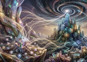 La imagen muestra un paisaje surrealista y futurista compuesto por formaciones cristalinas e iridiscentes. En primer plano, un complejo nodo geométrico y brillante proyecta finos hilos de luz dorada que fluyen como torrentes de energía hacia una imponente ciudadela de cristal en el horizonte. Sobre esta fortaleza abstracta se arremolina un gigantesco vórtice cósmico que domina el cielo oscuro, creando una atmósfera de ciencia ficción que evoca visualmente una red de datos altamente interconectada enfrentándose a una fuerza colosal y transformadora.