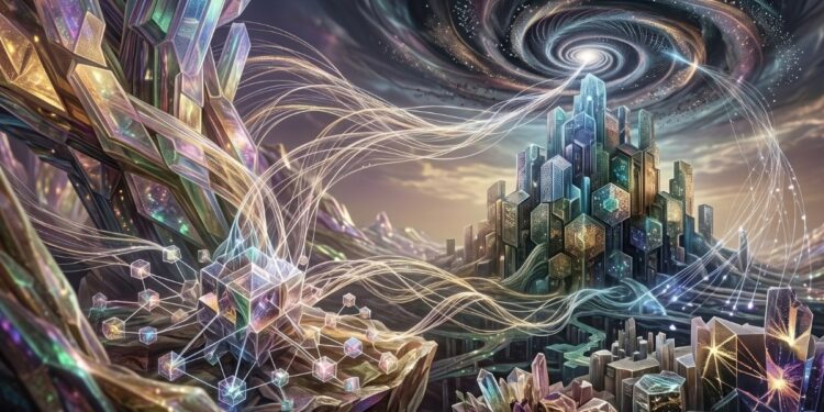 La imagen muestra un paisaje surrealista y futurista compuesto por formaciones cristalinas e iridiscentes. En primer plano, un complejo nodo geométrico y brillante proyecta finos hilos de luz dorada que fluyen como torrentes de energía hacia una imponente ciudadela de cristal en el horizonte. Sobre esta fortaleza abstracta se arremolina un gigantesco vórtice cósmico que domina el cielo oscuro, creando una atmósfera de ciencia ficción que evoca visualmente una red de datos altamente interconectada enfrentándose a una fuerza colosal y transformadora.