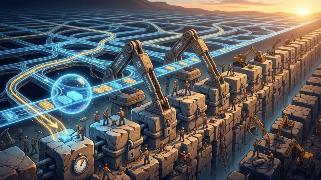 La imagen presenta una metáfora visual detallada sobre la infraestructura de la red, donde una pared monumental hecha de pesados bloques de piedra pulida representa la cadena principal, reforzada progresivamente con grandes candados de seguridad a medida que gana profundidad. Por encima corre una autopista futurista y fluida de haces de luz azul y dorada que simboliza la red Lightning, de la cual surgen brazos mecánicos e ingenieros trabajando para anclar, asegurar y proteger los fondos a través de la acumulación de bloques de confirmación, dejando atrás los antiguos temporizadores en favor de un asentamiento sobre bases verdaderamente sólidas e irreversibles.