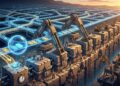 La imagen presenta una metáfora visual detallada sobre la infraestructura de la red, donde una pared monumental hecha de pesados bloques de piedra pulida representa la cadena principal, reforzada progresivamente con grandes candados de seguridad a medida que gana profundidad. Por encima corre una autopista futurista y fluida de haces de luz azul y dorada que simboliza la red Lightning, de la cual surgen brazos mecánicos e ingenieros trabajando para anclar, asegurar y proteger los fondos a través de la acumulación de bloques de confirmación, dejando atrás los antiguos temporizadores en favor de un asentamiento sobre bases verdaderamente sólidas e irreversibles.