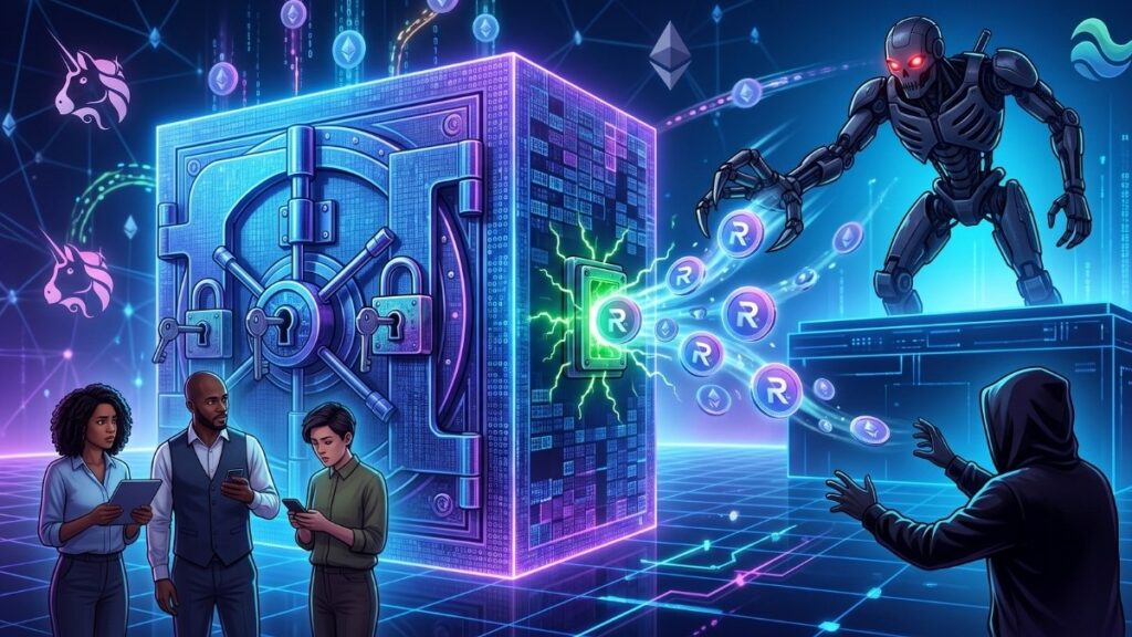Ilustración digital de estilo ciberpunk que representa un ciberataque a una billetera de criptomonedas. En el centro, una gran caja fuerte digital con múltiples cerraduras expulsa un flujo de monedas virtuales con la letra "R" a través de un puerto lateral abierto. A la derecha, un hacker encapuchado intenta atrapar los fondos, pero un veloz robot metálico se adelanta y los intercepta primero en el aire. A la izquierda, tres personas observan sus teléfonos móviles sin intervenir, mientras que el fondo oscuro está decorado con redes de neón, símbolos de Ethereum y logotipos de unicornios.